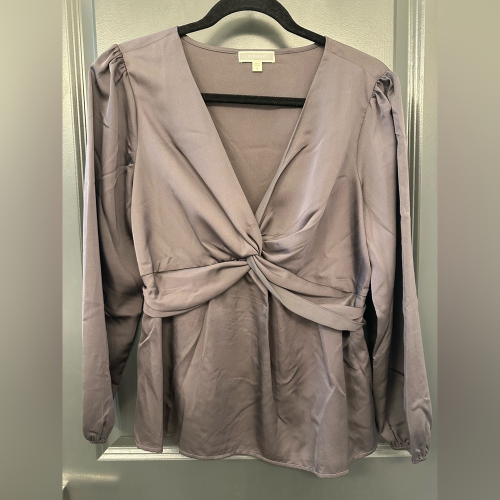 Pleione Twist Front Long Sleeve Blouse Small Lavender Gray Work Date Night Top